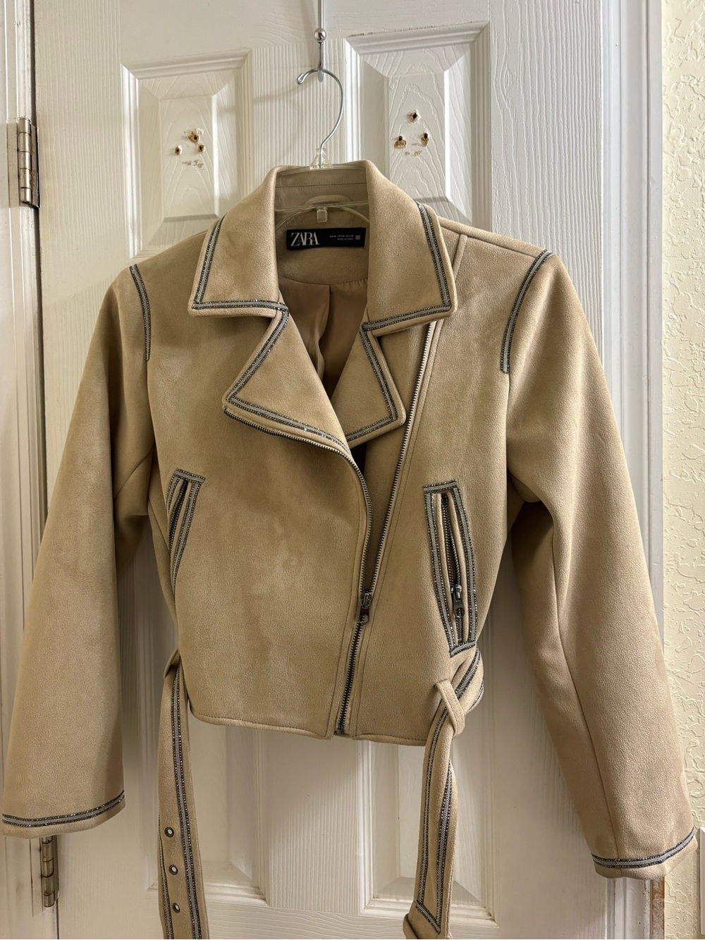 Women's Zara Beige Faux Suede Belted Jacket - Picture 9 of 17